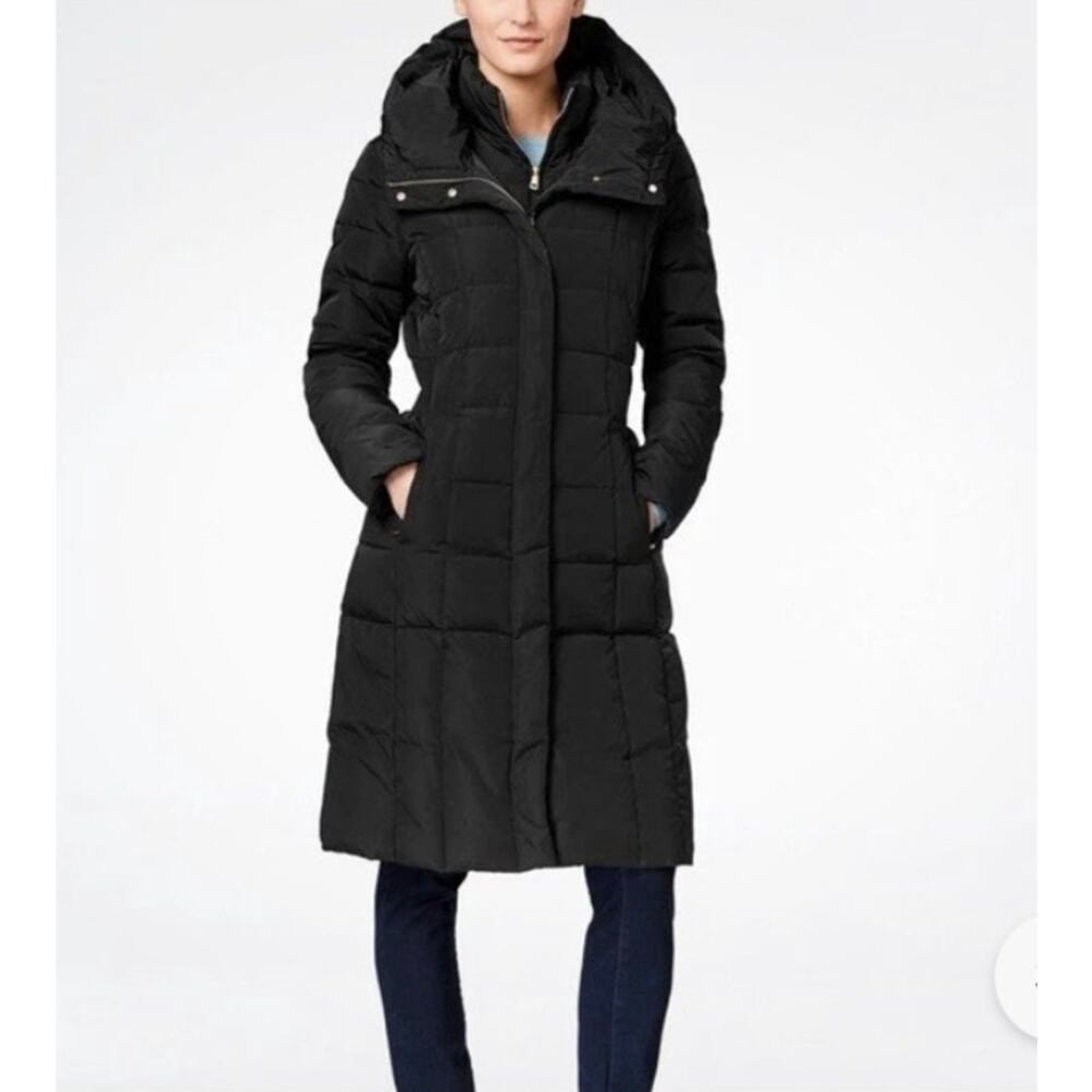 Cole Haan Signature Black Long Line Box-Quilt Down Puffer Coat High Neck Small